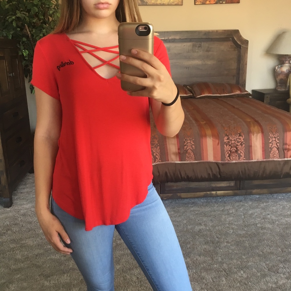 “Darling” red lace up short sleeve shirt